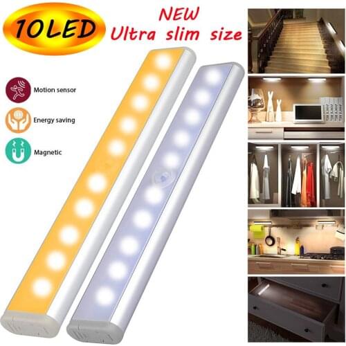 PIR Motion Sensor LED Cabinet light 10LEDs Ultra Slim Portable Wall lamp Rigid Strip Bar Light for Cupboard Kitchen