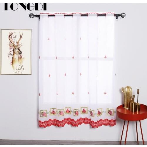 TONGDI Kitchen Curtain Valance Sheer Tiers Pastoral Fruit Cafe Embroidery Tulle Decoration For Home Window Kitchen Dining Room