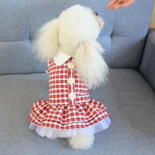 Spring nd Summer Pet Puppy Cute Dog Dress Chihuahua Black Red Plaid with Floral Skirt Dog Cat Thin Princess Dress Pet Clothes