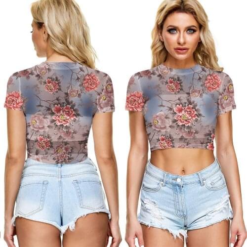 2021 Women Summer Casual Crew Neck Crop Tops Midriff-baring Short Sleeve 3D Print Slim Fit T-Shirts Ladies Streetwear Fashion