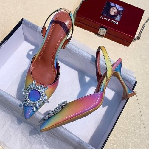 Pointed rhinestone high-heeled rainbow shoes Baotou stiletto with sun buckle, womens discolored slippers