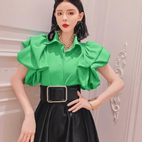 Vintage Shirts For Women Lapel Butterfly Short Sleeve Patchwork Ruffles Designer Top Blouses Female 2021 summer New