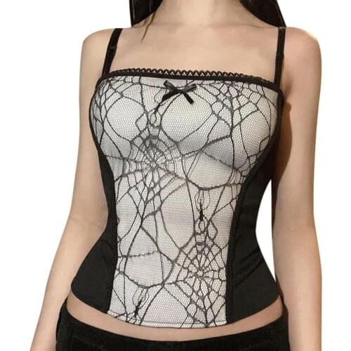 Women Tops Vest Sling Suspender Backless Camisole Women Sleeveless Short Spider net contrast color Tops Women Camisole 2021