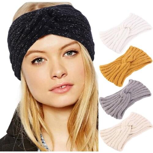 Winter Warm Ear Knitted Headband Turban For Women Crochet Bow Wide Stretch Solid Hairband Head Wrap Girls Hairband Accessories