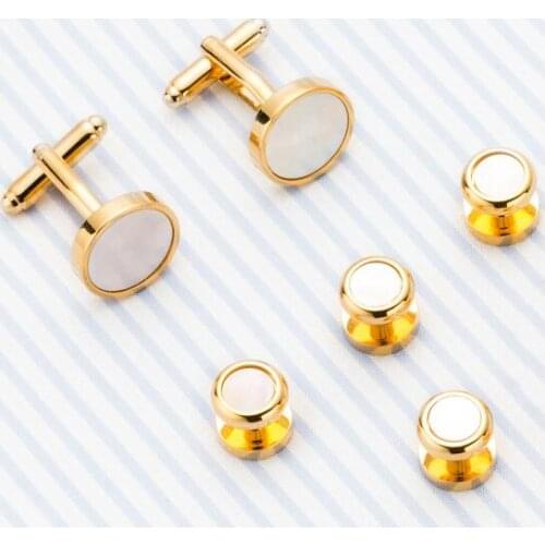 10sets/lot Luxury Cufflinks Tuxedo Studs Set 6pcs Set Golden Round Natural Sea Shell Cuff Link Studs Set Mens Jewelry Gift
