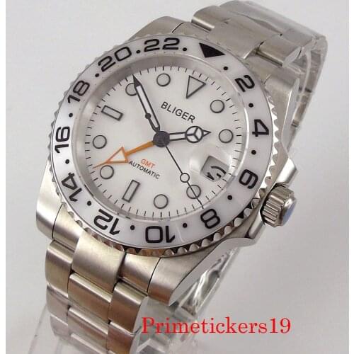 Bliger GMT Mens Watch Sapphire Crystal Date 40mm Date Oyster Bracelet Rotating Bezel White Dial
