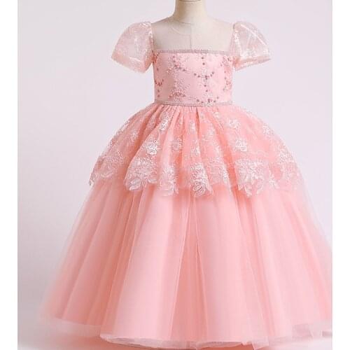 4-14 Y Teenage Girls Formal Long Ball Gown Kid School Performance Costume Embroidered Flower Beading Mesh Dress Children Clothes