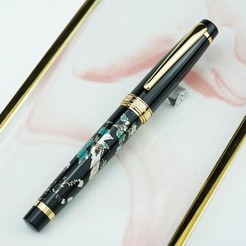 HongDian 1837 Metal Fountain Pen Black Magpie Hand-Drawing Chinese Style Iridium EF/F/Bent Nib Ink Pen Business Office Writing