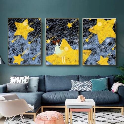 Cartoon Meteor Shower Girl Posters And Prints Nursery Baby Wall Art Pictures Canvas Paintings For Baby Room Nordic Home Decor