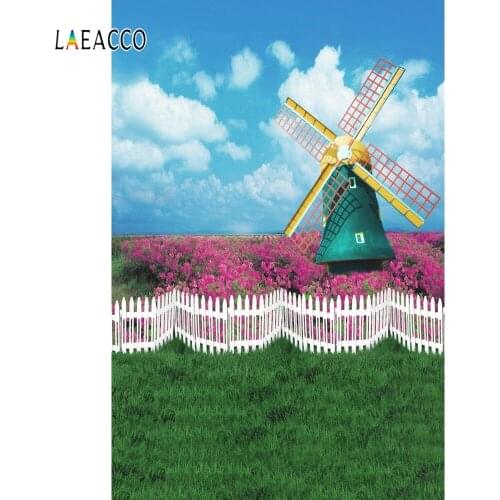Laeacco Sky Cloud Windmill Flowers Lattice Grassland Spring Baby Photography Backgrounds Photographic Backdrops For Photo Studio