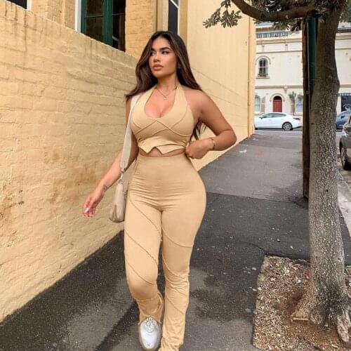 Summer Women Sexy Halter Backless Sleeveless Crop Top Pants Matching Sets Outfits Two Piece Set Ladies