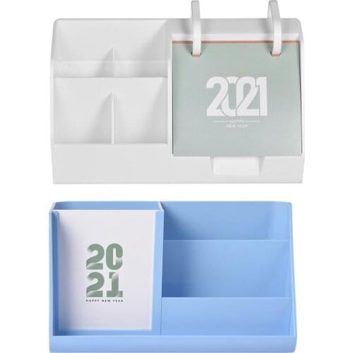 Multifunctional Large Capacity Desk Pen Holder Pencil Makeup Storage Box with 2021 Calendar Desktop Organizer Stand Case Office