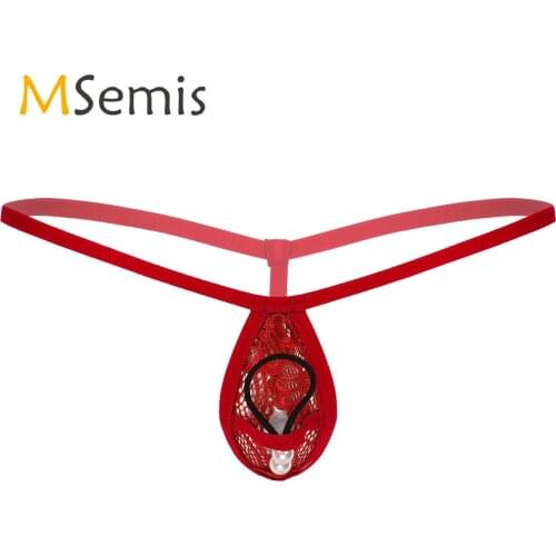 Mens Lingerie Thong Underwear Low Rise Bulge Pouch G-string Elastic Waistband T-back Artificial Pearls/Bead Decor Briefs Panties