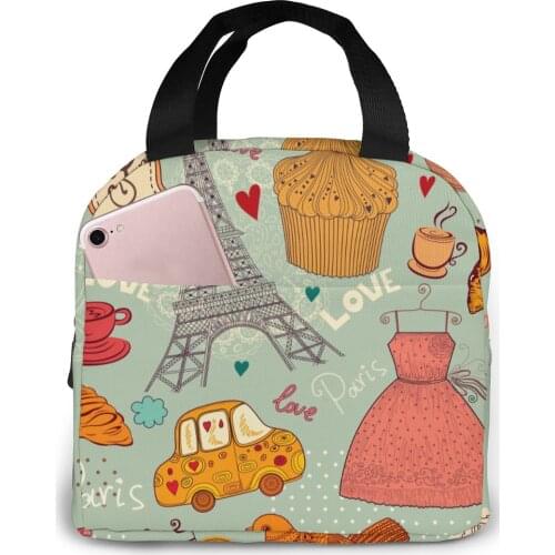 Set Of Paris Symbols Lunch Food Box Bag Fashion Insulated Thermal Food Picnic Lunch Bag for Women kids Men Cooler Tote Bag