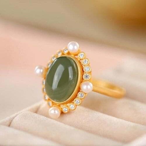 Natural Hetian jade oval egg face Chinese style retro creative luxury inlaid pearl zircon silver open rings for women