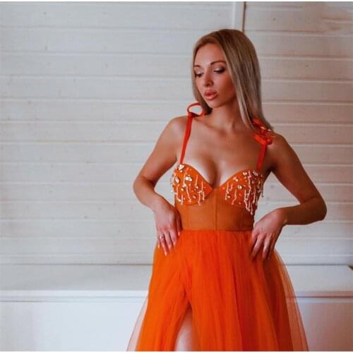 Elegant Orange Party Gowns Dress Spaghetti Strap Floor Length Women Formal Evening Dress Crystal Beading Side Slit A-Line Tulle