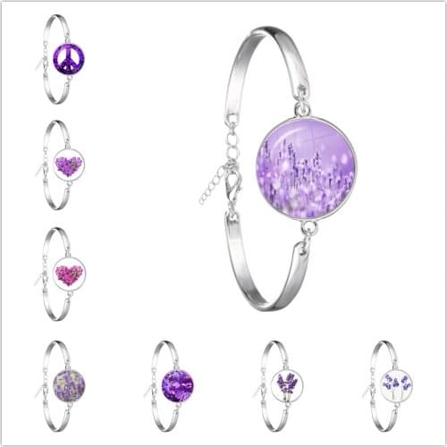 Simple Purple Lavender Field Bracelet Silver Color Adjustable Glass Cabochon Link Chain Bracelet for Women Girl Birthday Jewelry