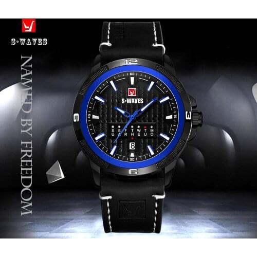Luxury Watch Men SWAVES Fashion Analog Leather Wristwatch Mens Waterproof Casual Quartz Relogio Masculino Clock Black Blue Sport