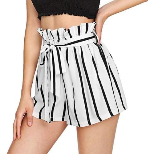 Fashion Summer Party Clothing Shorts Women Striped Belted Ruffled Elastic High Waist Casual Shorts vetement femme шорты женский