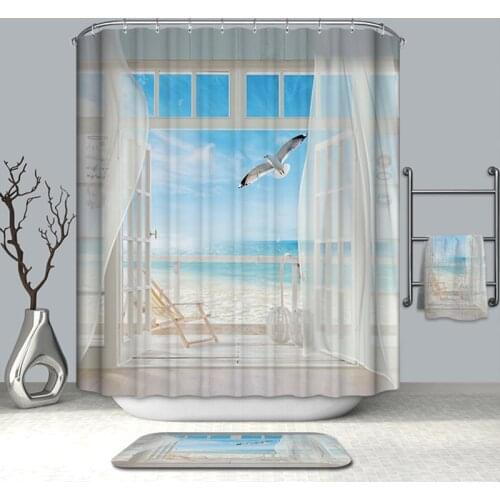 Summer Hot Bath Curtains Fake Window Beach Scenery Pattern 3D Shower Curtains Polyester Washable Bathroom Products + 12 Hook