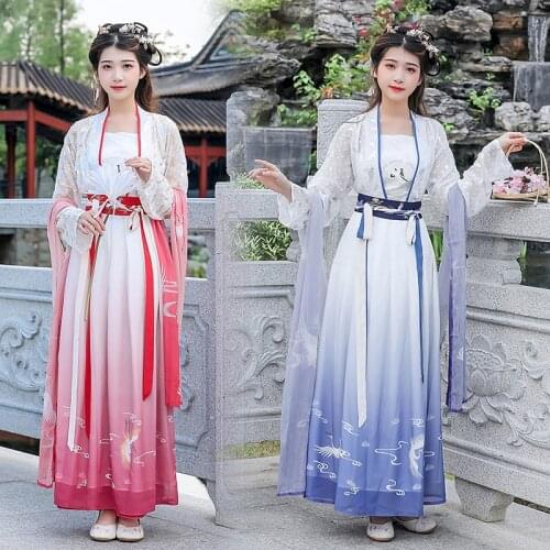 Summer Hanfu womens wear, gradual change of Chinese elements, gilt up front top, waist length Ru skirt three piece set