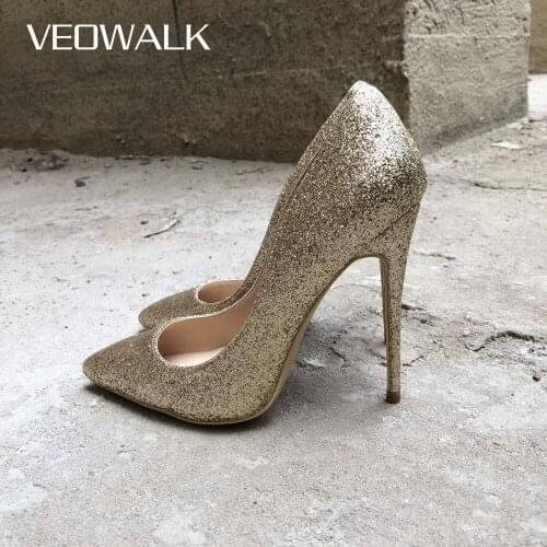 Veowalk Women Shinny Gold Pointed Toe High Heel Shoes Sexy Sparkly Laidies Slip on Stiletto Party Wedding Bridal Pumps 12 10 8cm