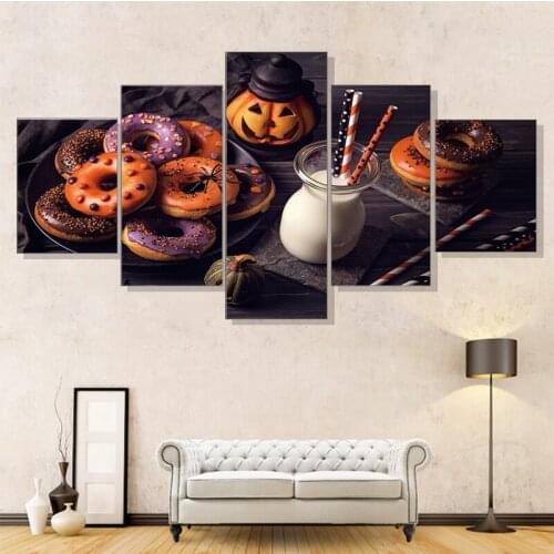 5Pcs Unframed Canvas Painting Halloween Pumpkin Donuts Milk Food Posters And Prints Wall Art Pictures Home Decor