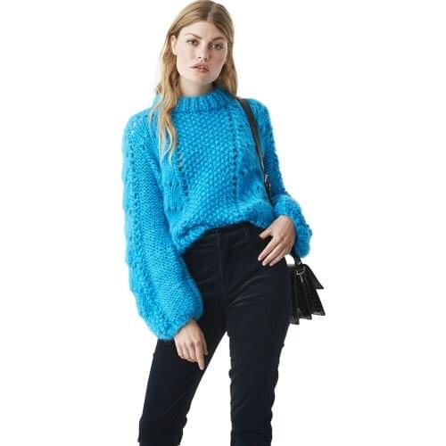 50% Mohair 50% Wool 2021 Winter Womens Round Neck Thick Needle With Pointelle Lantern Sleeve Pullover Cardigan