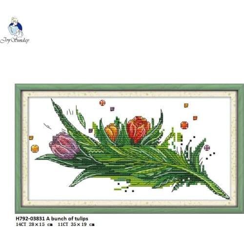 A Bouquet of Tulips Patterns DIY Hand Made Aida Cross Stitch kits 11CT 14CT DMC Cotton Thread Printed Cloth for Embroidery Sets