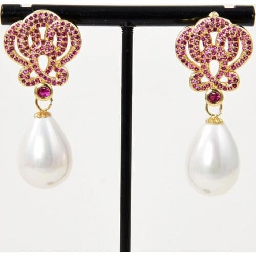 Teardrop white sea shell pearl, purple Cz pave Gold plated Stud Earring