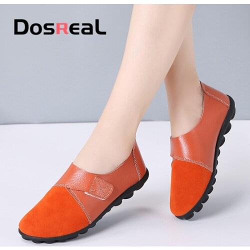 Dosreal Women Flats Shoes Cow Leather Fashion Loafers Non-Slip Comfortable Suede Female Shoes Hook&Loop Boat Shoes For Women