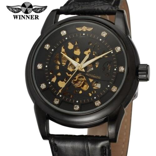 Elegant Business Style Black Dial Clear Stones Skeleton Alloy Case relogio masculino automatic WINNER brand watch /WRG8097M3B2