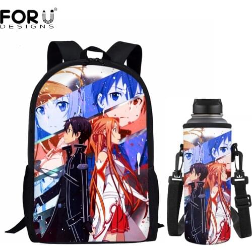 FORUDESIGNS Cool Style School Bags 3Pcs Set Anime Sword Art Online Printing Backpack Fashion Student Daypack Water Bottle Covers
