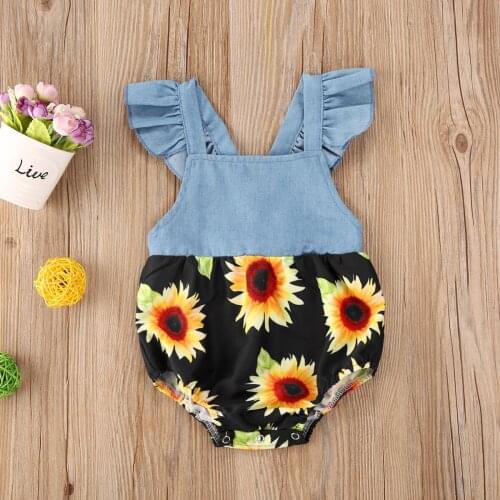 0-24M Summer Cute Infant Baby Girls Bodysuits Sunflowers Print Patchwork Jumpsuits Outfits Cute Baby Girl Clothes