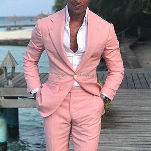 Pink Slim Fit Summer Men Suits for Beach Wedding Groom Tuxedo Evening Prom Two Piece Jacket with Pants Latest Fashion Blazer