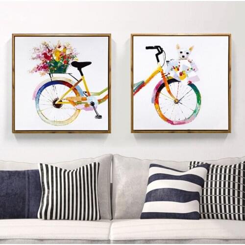 Two Pieces Combination Rainbow Colorful Bicycle Little Dog Canvas Painting Watercolor Wall Art Posters Prints Living Room Decor