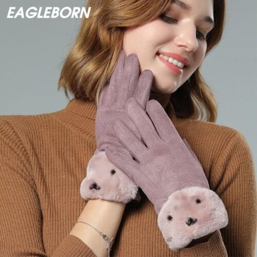 New Fashion Women Winter Mittens Touch Screen Gloves Lovely Women Gloves Cat Suede Gloves Pink Black Thick Warm Gloves for Women