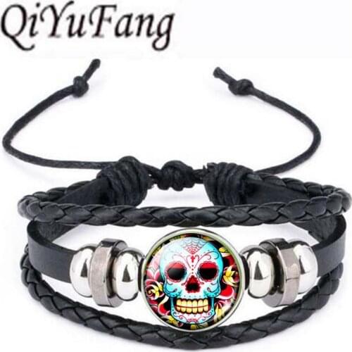 Qiyufang Black Beads Mexico Sugar Skull 6 Colors bracelet bangle Vintage Jewelry Glass Statement bracelet bangle Women Gift