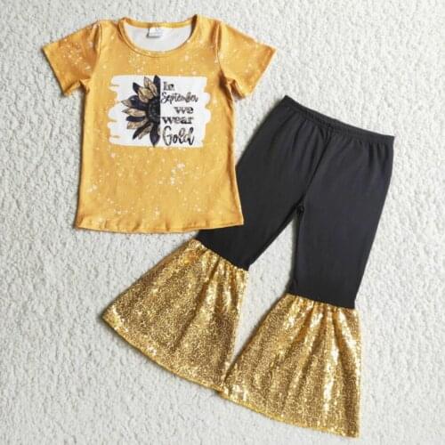 RTS No moq Baby girls Letters print Outfits Short Sleeves Top Bell Bottom Pants Kids Children Clothing Wholesale fashion Sets