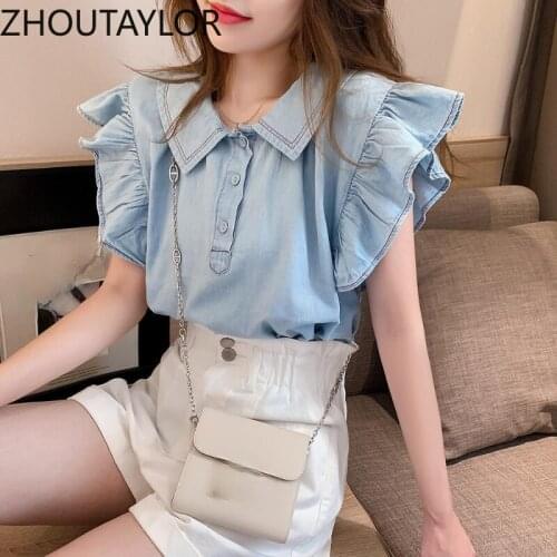 ZHOUTAYLOR Women Shirts Turn-down Collar Short Sleeve Office Lady Femme Blouse Flying Sleeve Single Breasted Summer Female Blusa