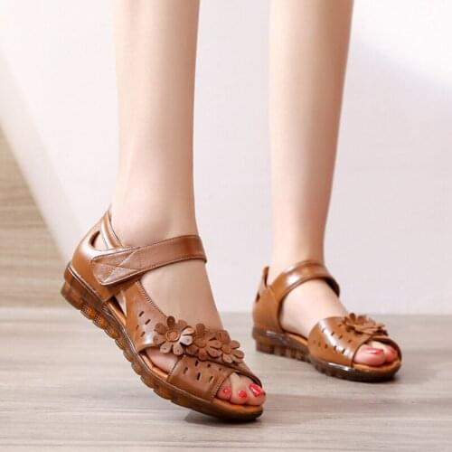 Fashion Genuine Leather Peep Toe Ladies Sandals for Women Summer Shoes 2021 Hook Loop Soft Comfort Woman Flat Sandalias Mujer