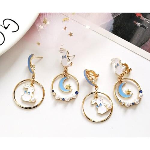 New Bunny Rabbit Moon Earrings For Women Girl Pear Star Crystal Asymmetry Earring Fashion Cute Trendy Jewelry