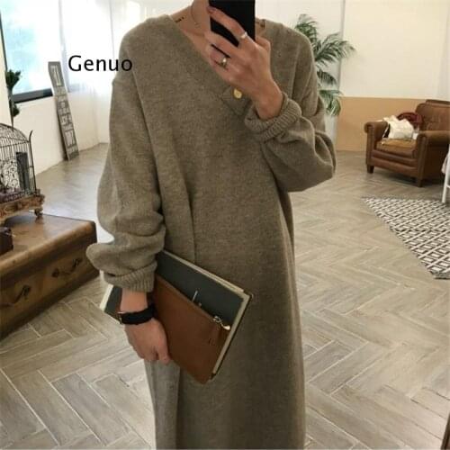 Chic Oversize Thick Long Sweater Dress Women V-neck Autumn Winter Straight Sweater Dress Female Casual Loose Knit Dress