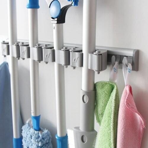 Warehouse Wall Mounted Mop and Broom Holder Rack Tools Grippers Aluminium Rail Rubber Clip with Hanger Hooks Storage Organizer
