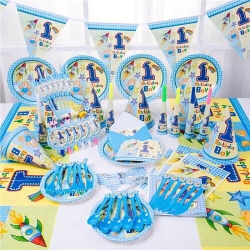 1st First Birthday Boy Party Decoration Disposable Tableware Set Paper Plate Cup Banner First Baby Party Decorations Baby Shower