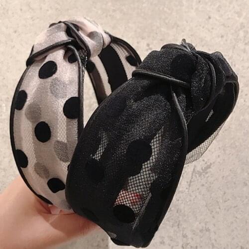 Retro Sweet Polka Dot Mesh Wde Side Knotted Headband Temperament Lace Flannel Polka Dot Headband Hair Accessories For Women