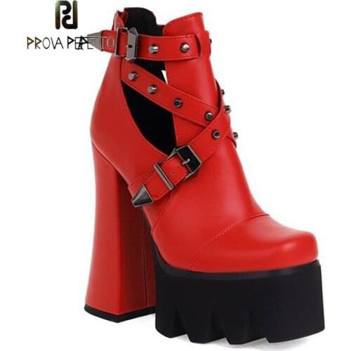 Waterproof Platform Super High Heel Rivet Belt Buckle Decorative Nude Boots Square Toe Thick Heel Zipper Fashion Single Shoes