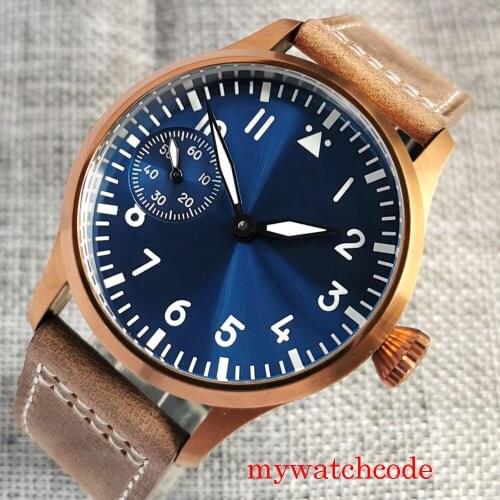High Quality Mechanical ETA 6497 42MM Hand Winding Bronze Mens Watch Sapphire Crystal Luminous Marks Leather Strap 12 Models