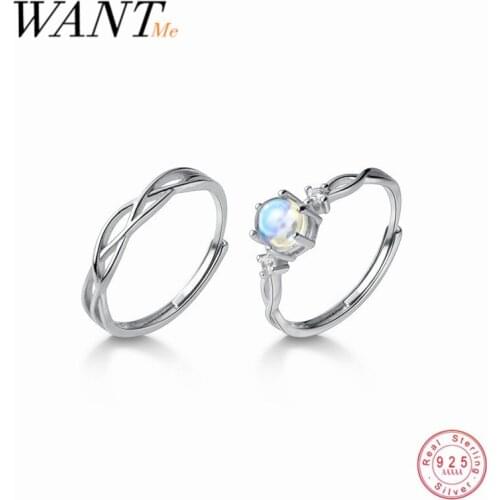 WANTME 925 Sterling Silver Geometric Hollow Synthetic Glass Opening Adjustable Couple Ring for Women Men Wedding Jewelry Gift