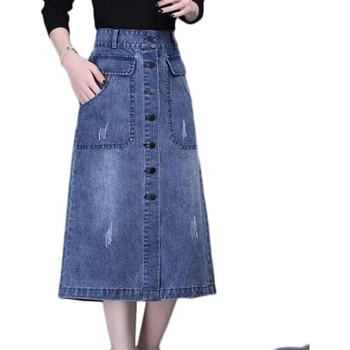 New 2021 Womens Denim Skirt Spring Summer High Waist Slim A-line Skirts Plus Size Single-Breasted Long One-step Skirts 4XL